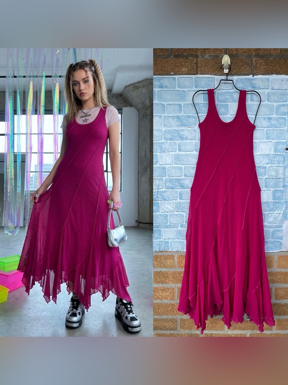 Vintage Jean Paul Gaultier Soleil Magenta Mesh Maxi Dress L Whimsigoth Goth Core